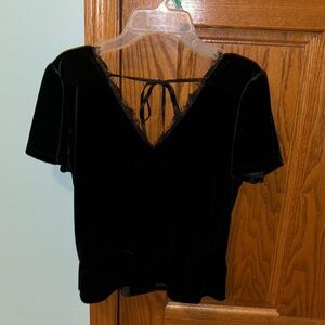 Black, velvet, short sleeve, v neck with lace detail top